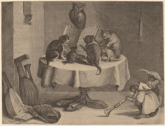 The Cat's Concert by Coryn Boel after David Teniers the Younger (Flemish, 1620 - 1688), 16X12"(A3)Poster Print