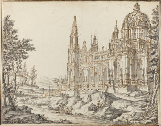 Cathedral in a Landscape by Vincenzo dal Re (Italian, died 1762), 16X12"(A3)Poster Print