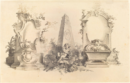 Cartouche Moderne with Emblems of Death by Johann Esaias Nilson (German, 1721 - 1788), 16X12"(A3)Poster Print