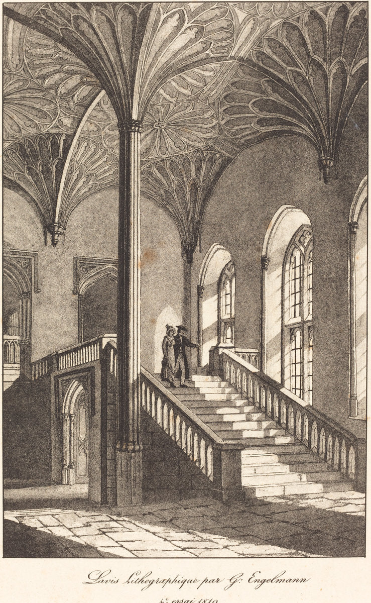 Man and Woman Descending Staircase by Gottfried Engelmann (French, 1788 - 1839), 16X12"(A3)Poster Print