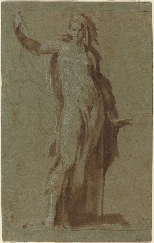 brush and wash with white gouache over black chalk on blue laid paper by Italian 16th Century (Standing Woman Holding a Scroll), 16X12"(A3)Poster Print