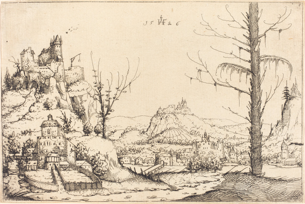 Landscape with High Cliffs, River, and City by Augustin Hirschvogel (German, 1503 - 1553), 16X12"(A3)Poster Print