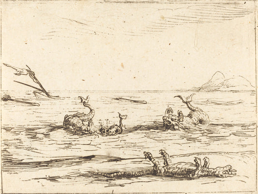 Dolphins and Crocodile by Jacques Callot (French, 1592 - 1635), 16X12"(A3)Poster Print