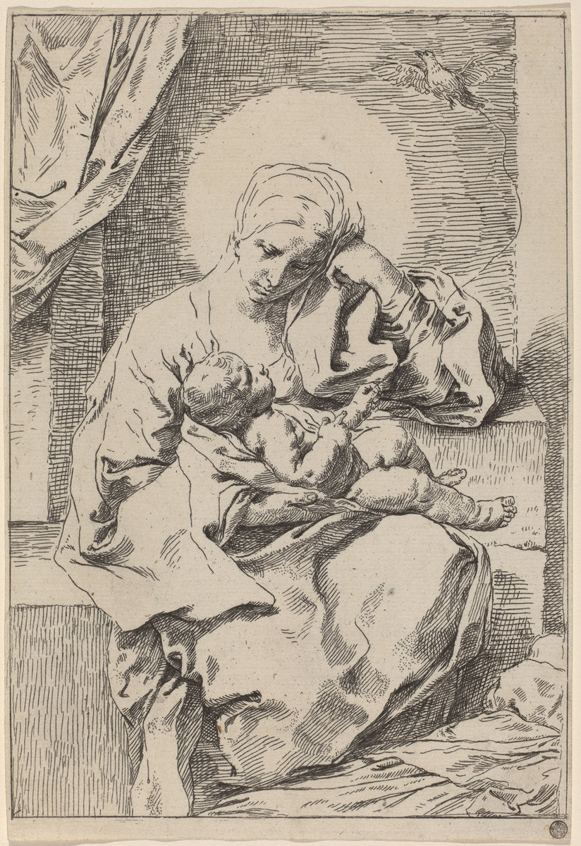 The Virgin and Child with a Bird by Simone Cantarini (Italian, 1612 - 1648), 16X12"(A3)Poster Print