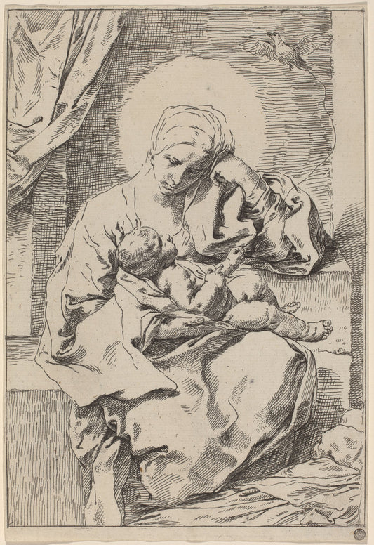 The Virgin and Child with a Bird by Simone Cantarini (Italian, 1612 - 1648), 16X12"(A3)Poster Print