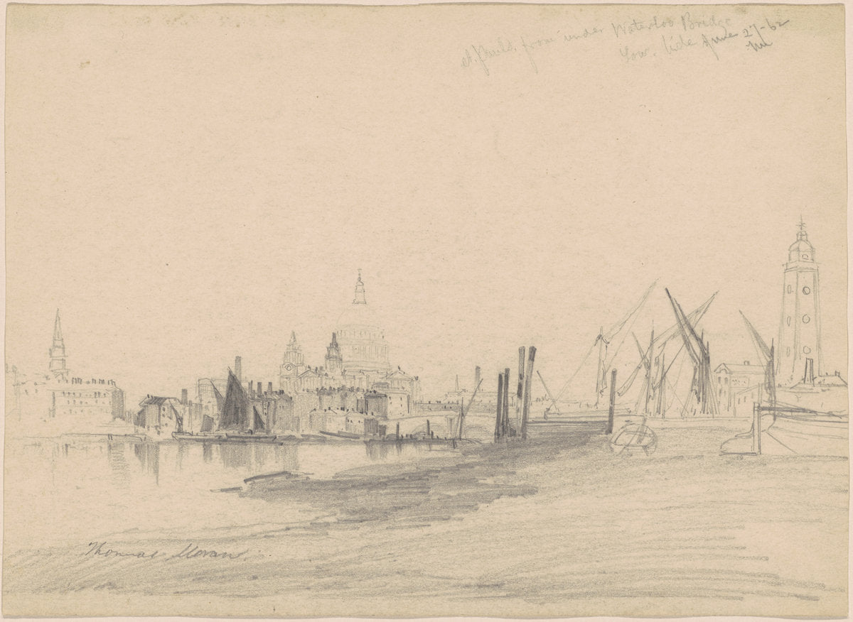 St. Paul's from Under Waterloo Bridge, Low Tide by Thomas Moran (American, born England, 1837 - 1926), 16X12"(A3)Poster Print
