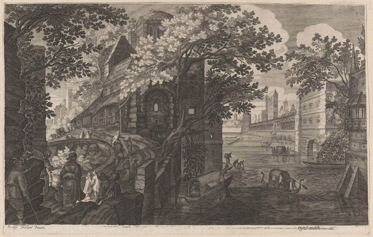 Gondolas on a River by a Palace by Aegidius Sadeler II after Pieter Stevens (Flemish, c. 1570 - 1629), 16X12"(A3)Poster Print