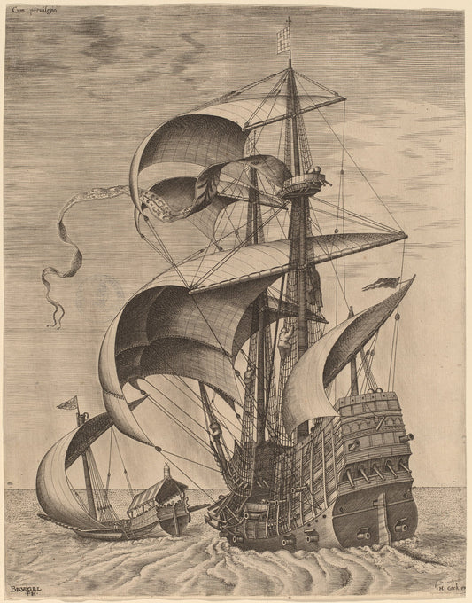 Armed Three-Master on the Open Sea, Accompanied by a Galley by Frans Huys after Pieter Bruegel the Elder (Flemish, 1522 - 1562), 16X12"(A3)Poster Print