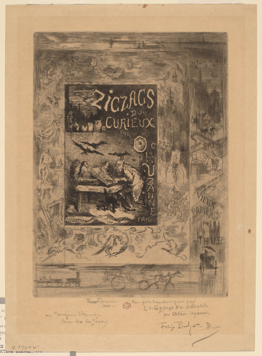 Frontispiece for "Zigzags d'un Curieux, d'Octave Uzanne" by Félix-Hilaire Buhot (French, 1847 - 1898), 16X12"(A3)Poster Print