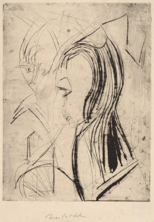 Heads of Two Girls by Ernst Ludwig Kirchner (German, 1880 - 1938), 16X12"(A3)Poster Print