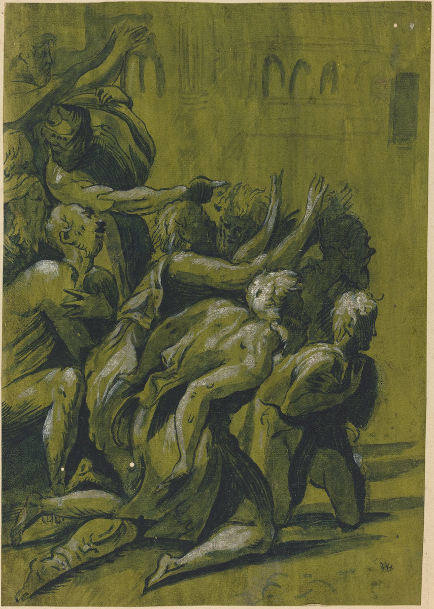 pen and black ink with gray wash heightened with white on green prepared paper by after Giuseppe Nicolo Vicentino (Nine Figures), 16X12"(A3)Poster Print