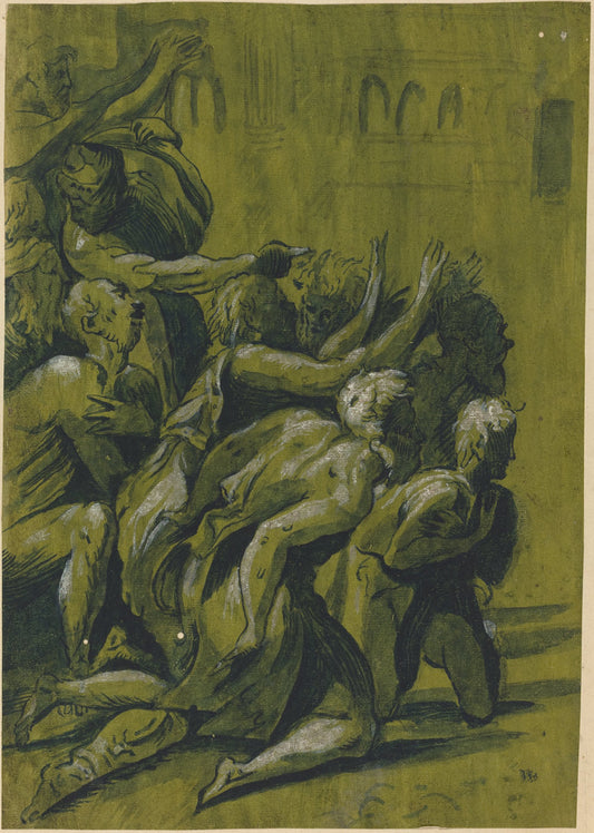 pen and black ink with gray wash heightened with white on green prepared paper by after Giuseppe Nicolo Vicentino (Nine Figures), 16X12"(A3)Poster Print