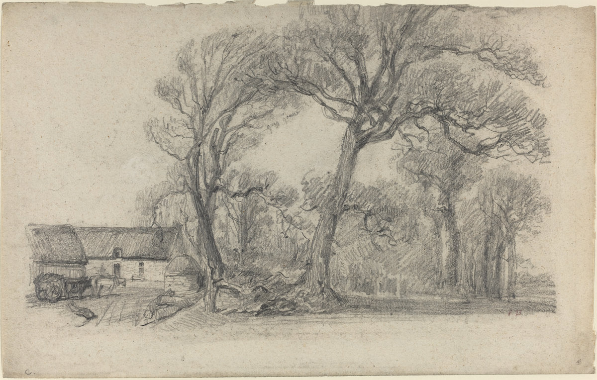 Landscape with Trees, Cottage, and Farm Wagon by Eugène Boudin (French, 1824 - 1898), 16X12"(A3)Poster Print