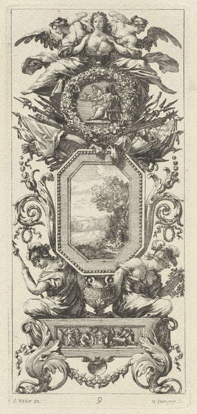 Ornamental Panel Surmounted with Two Figures Leaning on the Bust of a Woman by Michel Dorigny, after Simon Vouet (French, 1617 - 1665), 16X12"(A3)Poster Print