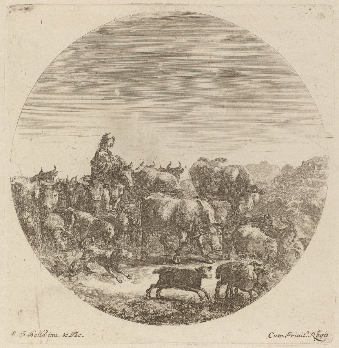 Peasant Seated on a Horse with Cows, Sheep, and Goats by Stefano Della Bella (Italian, 1610 - 1664), 16X12"(A3)Poster Print