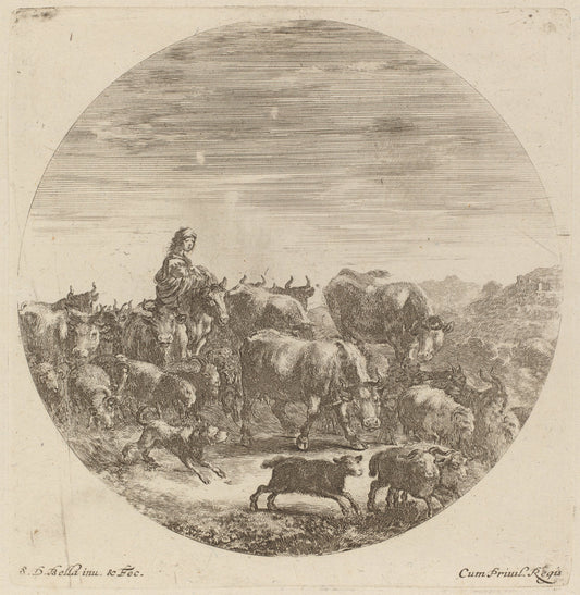 Peasant Seated on a Horse with Cows, Sheep, and Goats by Stefano Della Bella (Italian, 1610 - 1664), 16X12"(A3)Poster Print