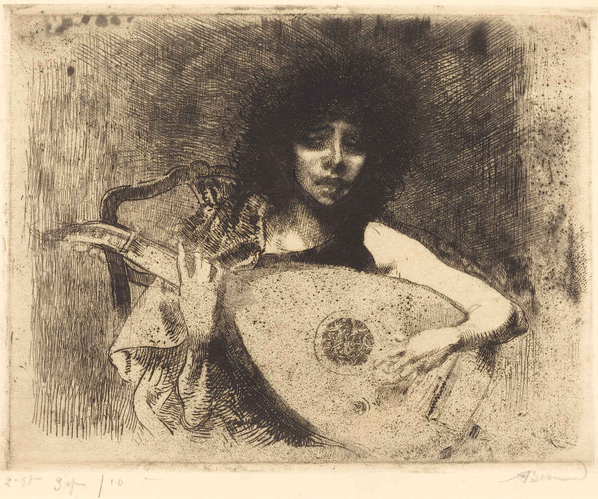The Lute Player (La joueuse de luth) by Albert Besnard (French, 1849 - 1934), 16X12"(A3)Poster Print