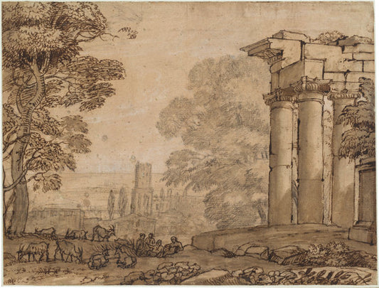 Landscape with Ruins, Pastoral Figures, and Trees by Claude Lorrain (French, 1604/1605 - 1682), 16X12"(A3)Poster Print