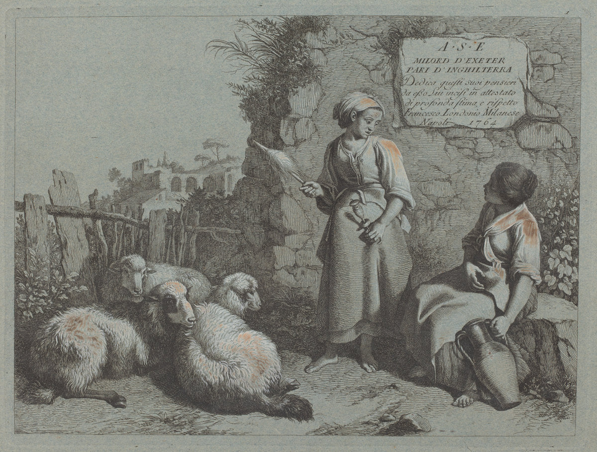 Two Girls Conversing: One Standing and Spinning by Francesco Londonio (Italian, 1723 - 1783), 16X12"(A3)Poster Print