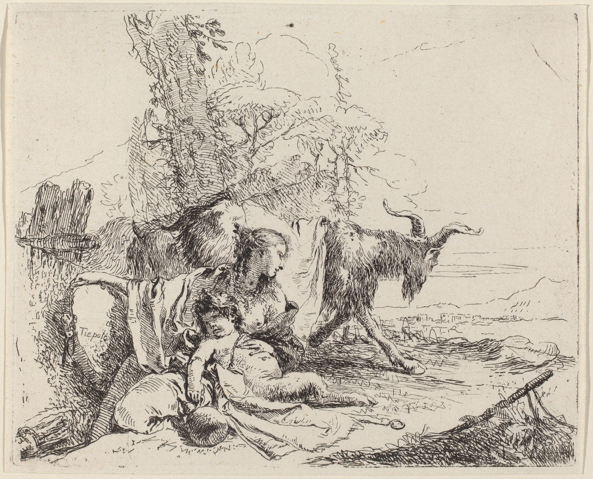 Woman, Satyr Child, and Goat in a Landscape by Giovanni Battista Tiepolo (Italian, 1696 - 1770), 16X12"(A3)Poster Print