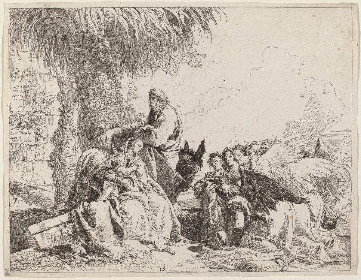 The Rest on the Flight, with Adoring Angels by Giovanni Domenico Tiepolo (Italian, 1727 - 1804), 16X12"(A3)Poster Print