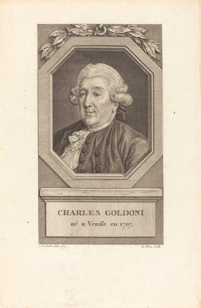 Charles Goldoni by Pierre Adrien Le Beau after Charles-Nicolas Cochin II (French, 1748 - 1800 or after), 16X12