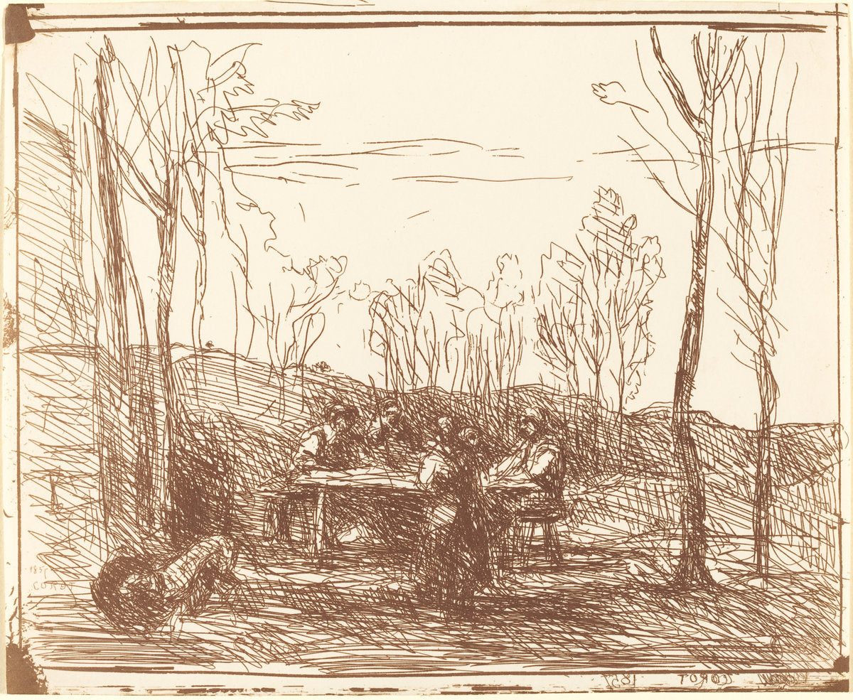 Luncheon in a Clearing (Un Dejeuner dans la clairiere) by Jean-Baptiste-Camille Corot (French, 1796 - 1875), 16X12"(A3)Poster Print