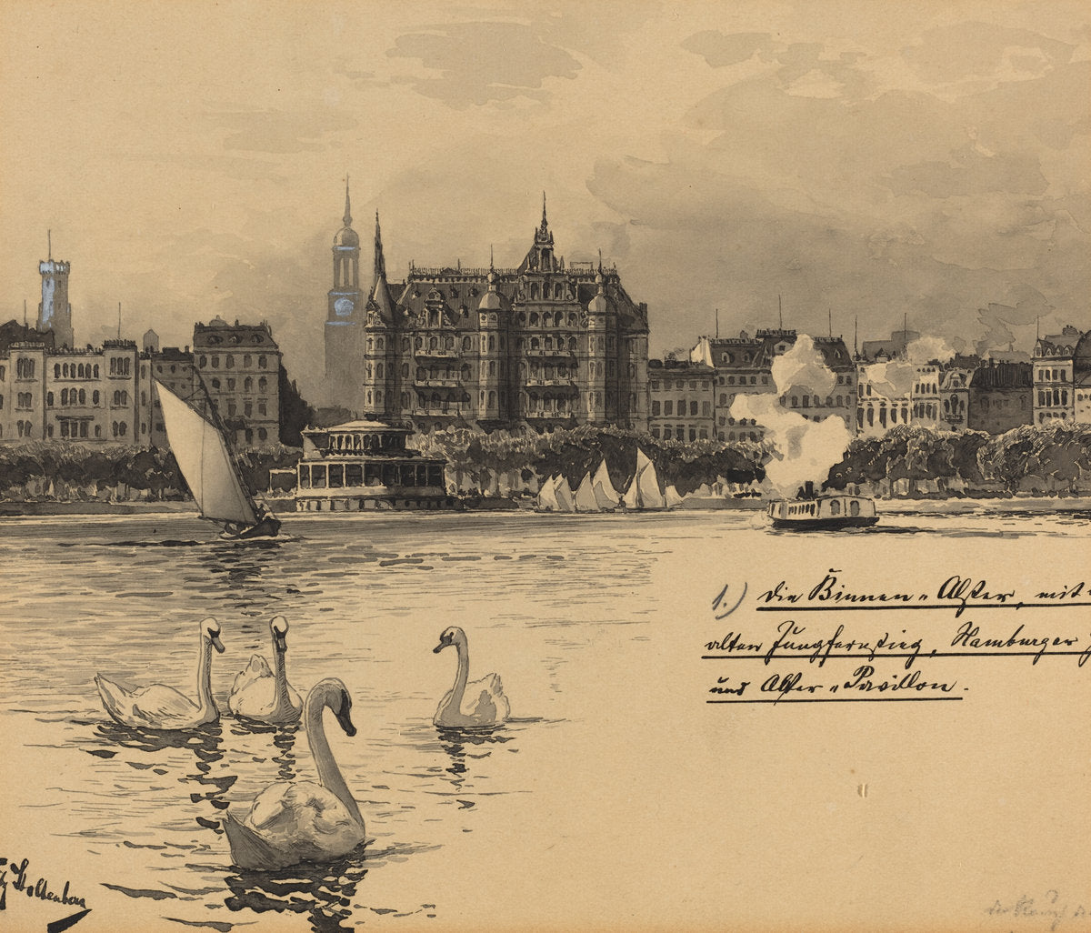 Binnenalster mit Jungfernstieg by Fritz Stoltenberg (German, 1855 - 1921), 16X12"(A3)Poster Print