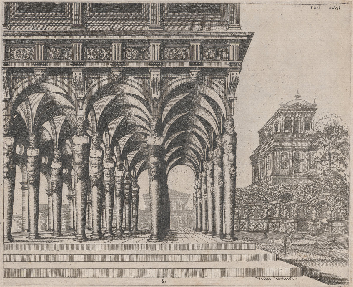 Loggia with Satyr Terms and a Garden by Lucas van Doetechum and Johannes van Doetechum, the Elder, after Hans Vredeman de Vries (Dutch, active 1554/1572; died before 1589), 16X12"(A3)Poster Print