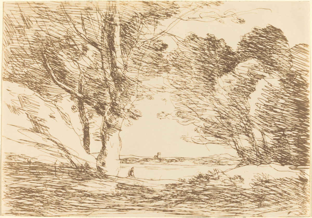 Tower on the Horizon of a Lake (Tour a l'horizon d'un lac) by Jean-Baptiste-Camille Corot (French, 1796 - 1875), 16X12"(A3)Poster Print