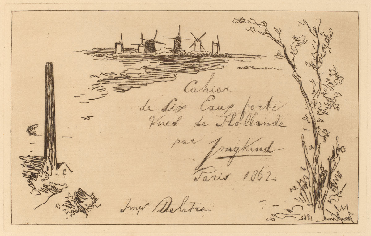 Title Page (Titre du cahier de six eaux-fortes) by Johan Barthold Jongkind (Dutch, 1819 - 1891), 16X12"(A3)Poster Print