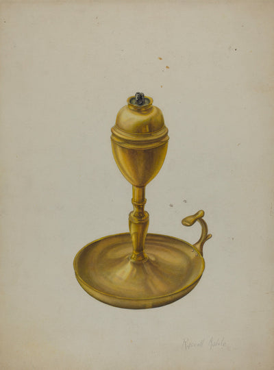 Brass Oil Lamp by Russell Madole (American, active c. 1935), 16X12"(A3)Poster Print