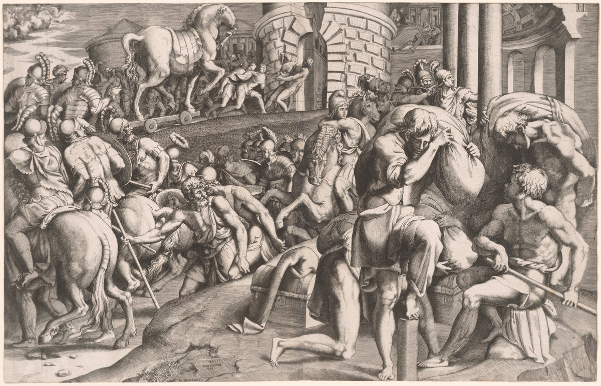 The Trojans Hauling the Wooden Horse into Troy by Giulio Bonasone, after Francesco Primaticcio (Bolognese, c. 1498 - c. 1580), 16X12"(A3)Poster Print