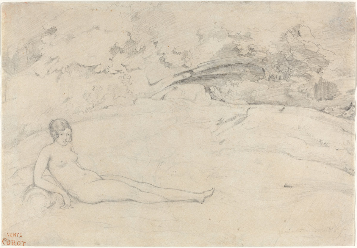 A Nude Reclining in a Landscape by Jean-Baptiste-Camille Corot (French, 1796 - 1875), 16X12"(A3)Poster Print