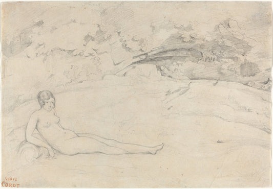 A Nude Reclining in a Landscape by Jean-Baptiste-Camille Corot (French, 1796 - 1875), 16X12"(A3)Poster Print