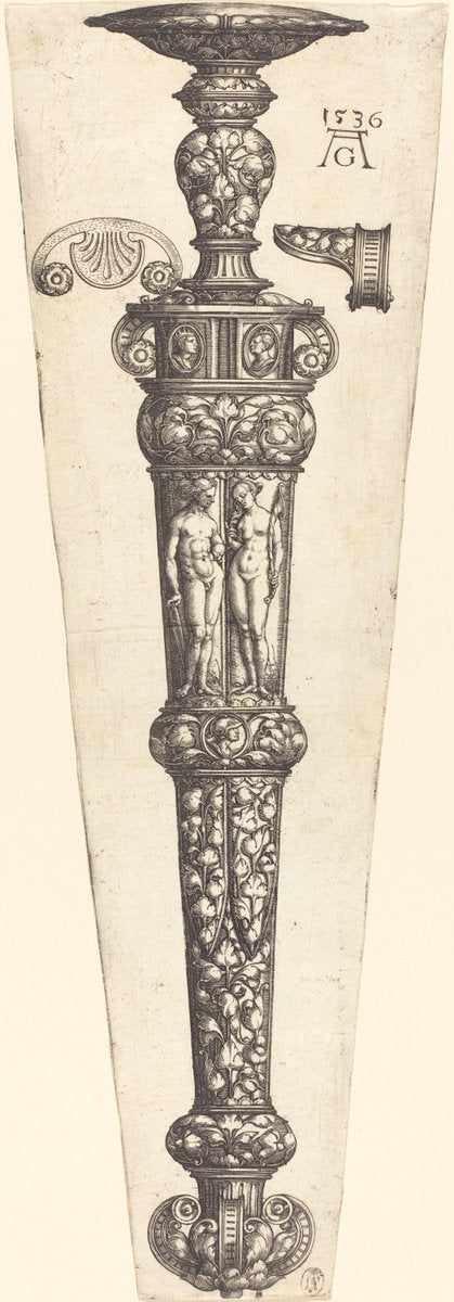 Large Dagger Sheath with Nude Couple by Heinrich Aldegrever (German, 1502 - 1555/1561), 16X12"(A3)Poster Print