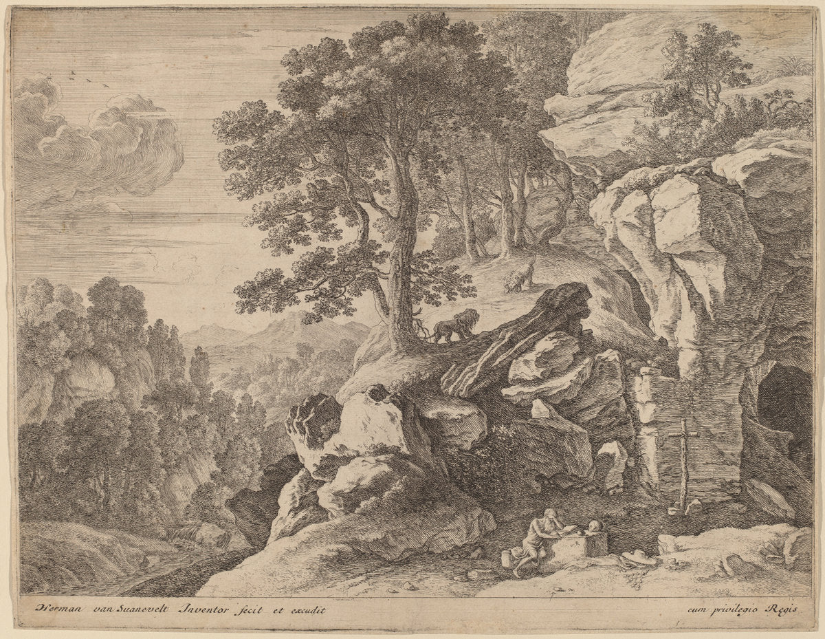 Saint Jerome in the Wilderness by Herman van Swanevelt (Dutch, c. 1600 - 1655), 16X12"(A3)Poster Print
