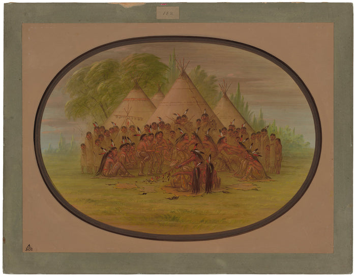 Pipe Dance - Assinneboine by George Catlin (American, 1796 - 1872), 16X12