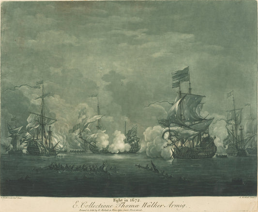 Fight in 1672 by Elisha Kirkall after Willem van de Velde the Younger (English, c. 1682 - 1742), 16X12"(A3)Poster Print