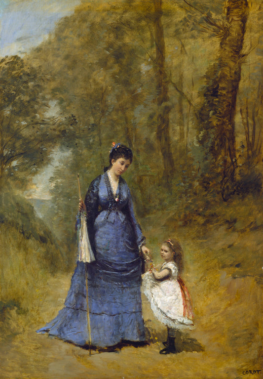 Madame Stumpf and Her Daughter by Jean-Baptiste-Camille Corot (French, 1796 - 1875), 16X12"(A3)Poster Print