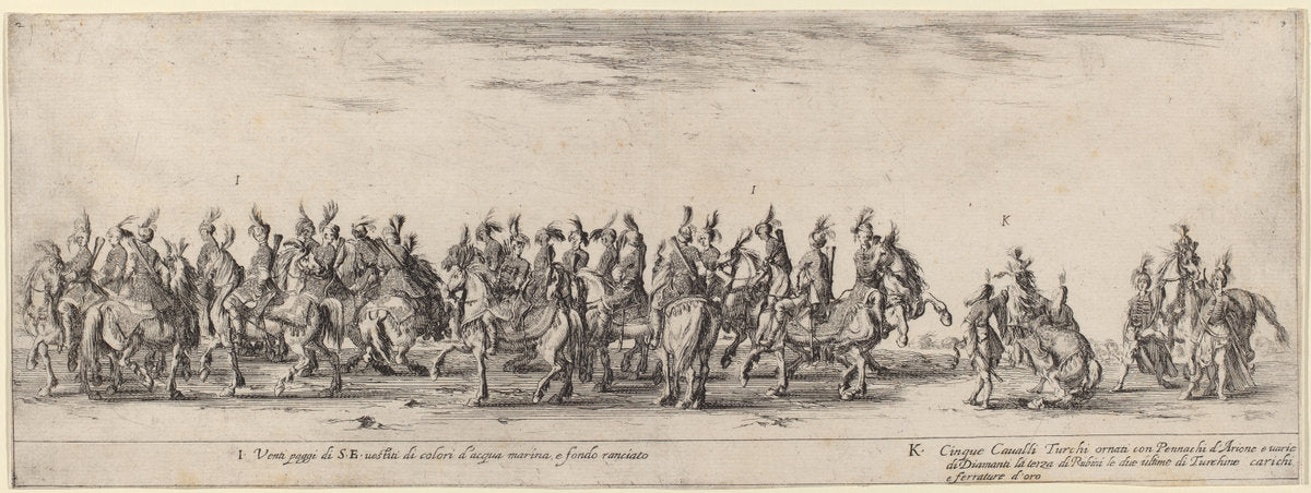 Twenty Pages and Five Turkish Horses by Stefano Della Bella (Italian, 1610 - 1664), 16X12"(A3)Poster Print