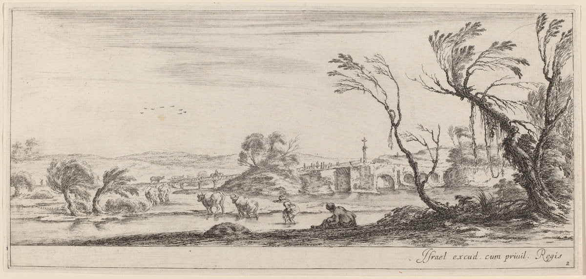 Landscape with Peasant Preparing to Cross a Stream by Stefano Della Bella (Italian, 1610 - 1664), 16X12"(A3)Poster Print