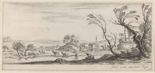 Landscape with Peasant Preparing to Cross a Stream by Stefano Della Bella (Italian, 1610 - 1664), 16X12"(A3)Poster Print