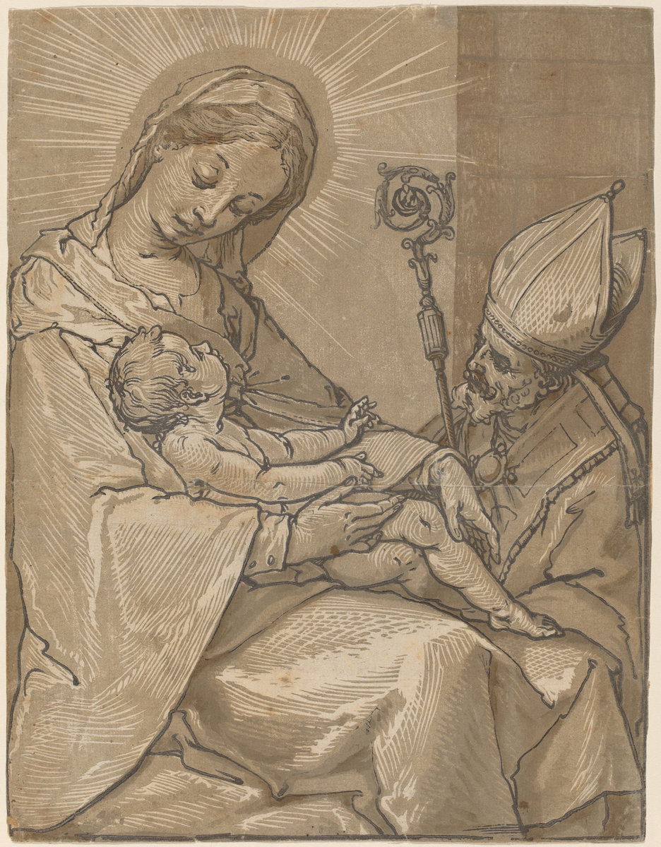 Madonna and Child with a Bishop by Andrea Andreani after Alessandro Casolani (Italian, 1558/1559 - 1629), 16X12"(A3)Poster Print