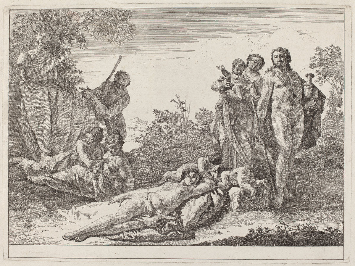 Apollo and Nymphs in a Landscape with a Bust of Pan by Francesco Fontebasso (Italian, 1709 - 1769), 16X12"(A3)Poster Print