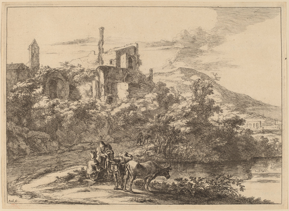Two Cows near the River at Tivoli by Jan Both (Dutch, 1615/1618 - 1652), 16X12"(A3)Poster Print