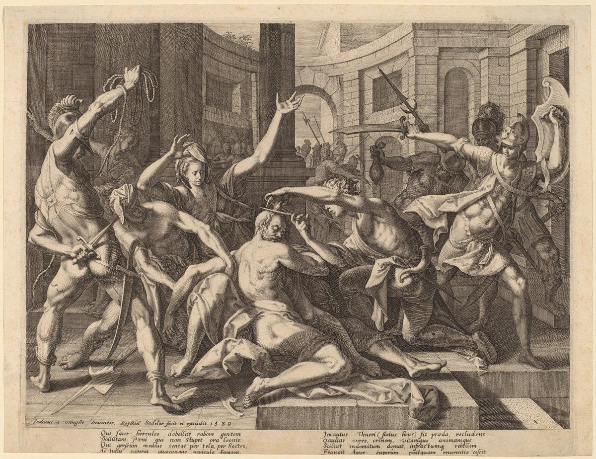 Delilah Cutting Samson's Hair by Raphael Sadeler I after Joos van Winghe (Flemish, 1560/1561 - 1628 or 1632), 16X12"(A3)Poster Print