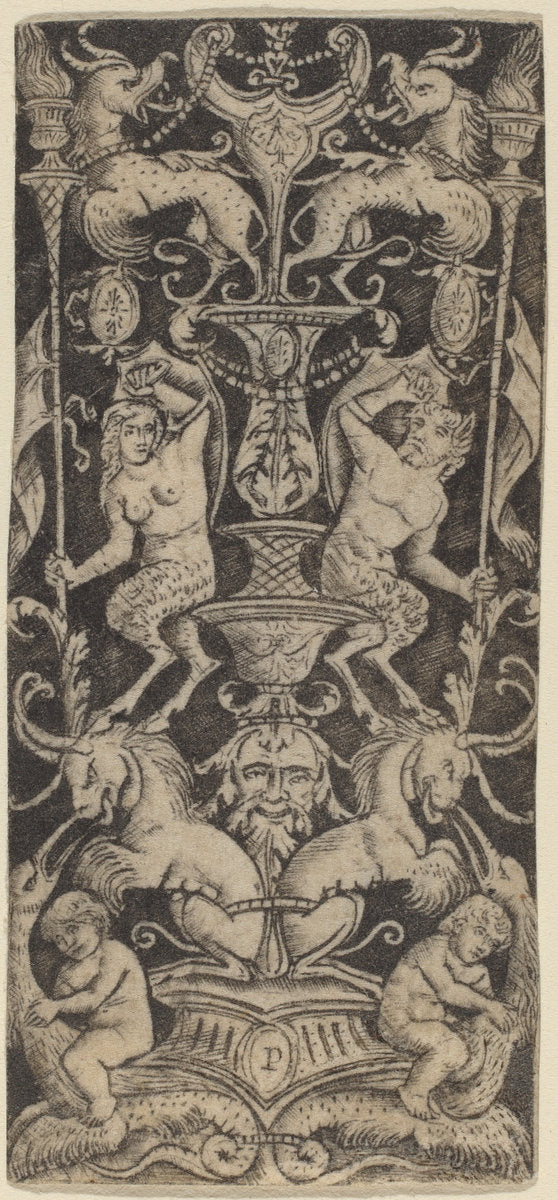 Panel of Ornament with Two Naked Children on Monstrous Beasts by Peregrino da Cesena (Italian, active c. 1490/1520), 16X12"(A3)Poster Print