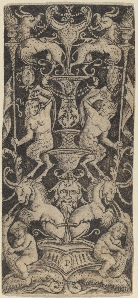 Panel of Ornament with Two Naked Children on Monstrous Beasts by Peregrino da Cesena (Italian, active c. 1490/1520), 16X12"(A3)Poster Print