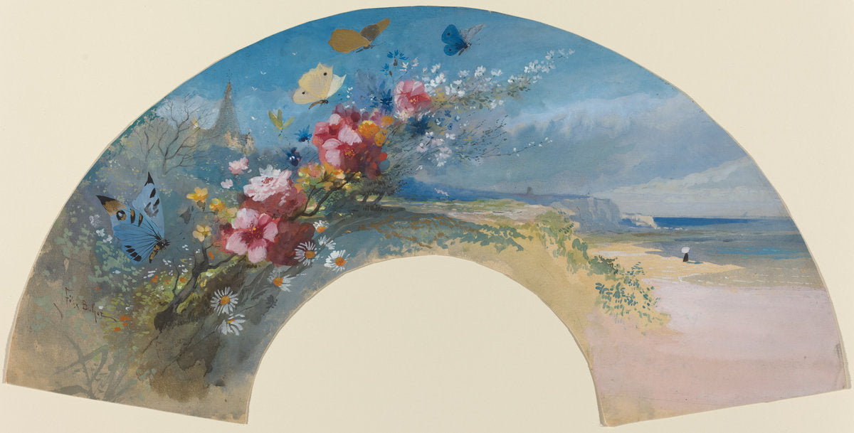 Fan with Wildflowers and Butterflies against the Norman Coast by Félix-Hilaire Buhot (French, 1847 - 1898), 16X12"(A3)Poster Print